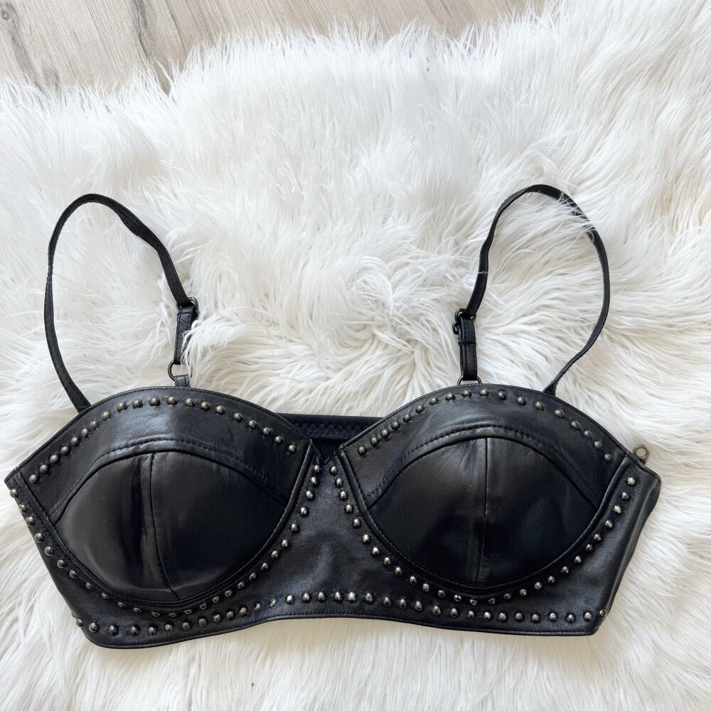 Vintage FIRST Black Leather Studded Bra Crop Top Grunge Gotch Large Biker CP